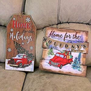 🔴 CLEARANCE 🏷️ SET OF 2 🎄 CHRISTMAS RED TRUCK WALL OR DOOR HANGING HOLIDAY DECOR